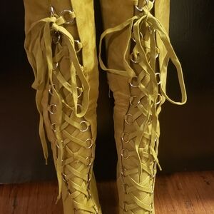 Cape Robbin Mustard Lace-Up Over the Knee Boots
